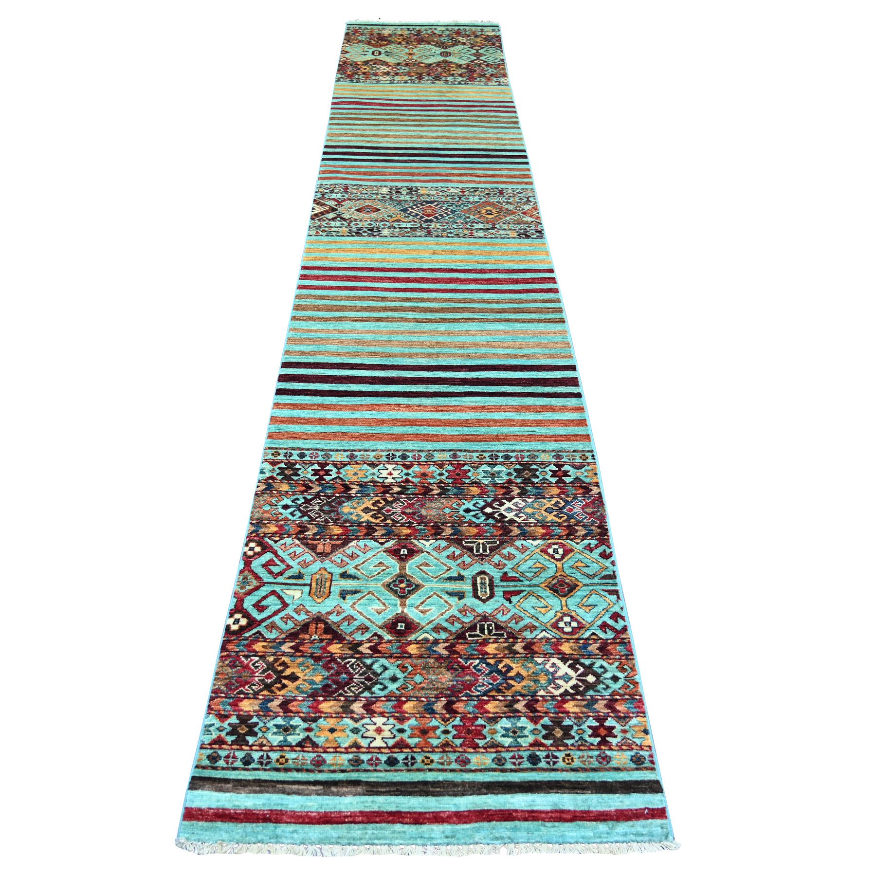 Pistachio Green, Hand Knotted, Afghan Super Kazak with Khorjin Design, Soft Wool, Vegetable Dyes, Narrow Runner, Oriental Rug
